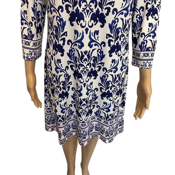 JEAN-PIERRE KLIFA Paris Blue White Floral Print 3/4 Sleeve Dress Size M - Picture 3 of 5